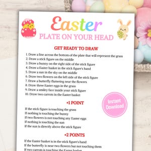 May include: A printable Easter game for children. The instructions ask players to draw a line across the bottom of the plate to represent grass, a stick figure in the middle, a bunny on the right side of the stick figure, an Easter basket in the stick figure's hand, a sun in the sky, two flowers on the left side of the stick figure, a butterfly fluttering near the flowers, three Easter eggs in the grass, a smiley face inside the stick figure, and two carrots in the Easter basket. The game awards points for certain drawing elements.