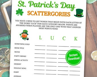 St. Patrick's Day Scattergories Game | Printable St. Patty's Think Fast Game | St. Paddy's Party Word Game | Instant Download PDF