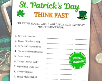 St. Patrick&#39;s Day Think Fast Game | Printable St. Patty&#39;s Trivia Game | St. Paddy&#39;s Party Game For All Ages | Instant Download PDF