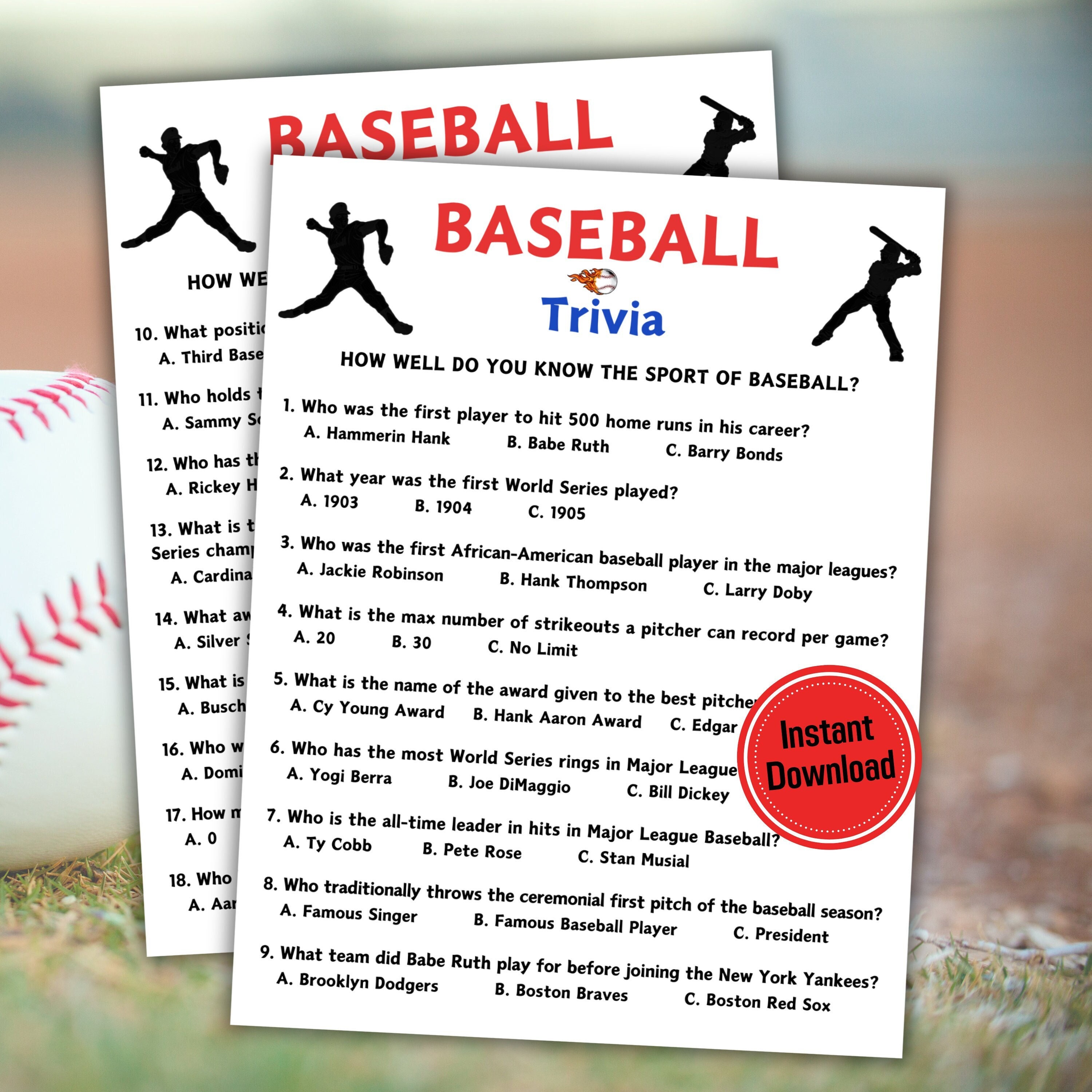 Baseball Trivia Game | MLB Trivia Game for Kids & Adults | Printable Baseball Team Party Games | Sports Trivia Quiz | World Series Activity