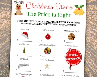 Könnte beinhalten: Ein druckbares Weihnachts-Spiel mit einer roten Rentier-Illustration und dem Text "Christmas Items The Price Is Right". Das Spiel fordert die Spieler auf, den Preis verschiedener Weihnachtsartikel zu erraten, wie z. B. eine Weihnachtsmannmütze, Weihnachtsbaumschmuck, Weihnachtskarten, einen künstlichen Weihnachtsbaum, Weihnachtslichter, Zuckerstangen, Lametta, einen Baumspitzenstern, Geschenkpapier, eine Weihnachtsbaumgirlande und einen Weihnachtskranz.