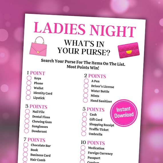 Ladies Night Whats In Your Purse Game | Whats In Your Bag Game | Girls Night Out | Girls Night Printable Games | Adult Party Games