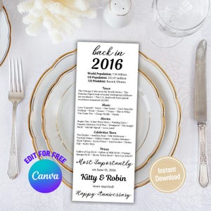 May include: A white wedding menu card with gold trim, placed on a white plate with silverware. The card reads "back in 2016" and lists news, music, movies, and celebrity births from that year. The card also says "Kitty & Robin were married!"