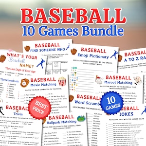 May include: A printable bundle of 10 baseball-themed games. The games include "What's Your Baseball Name?", "Baseball Movie Matching", "Baseball Emoji Pictionary", "Baseball A to Z Race", "Baseball Mascot Matching", "Baseball Word Scramble", "Baseball Trivia", "Baseball Ballpark Matching", and "Baseball Jokes".