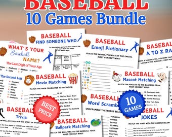 Baseball Games Bundle | Printable Baseball Team Party Game | Baseball ABC Game | Trivia Game | Baseball Movie | Baseball Mascot | Emoji Game
