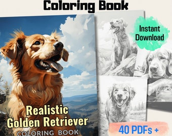 Realistisk målarbok för golden retriever, 20 gråskaliga målarbilder med golden retriever, stresslindring, kreativitet och avslappning, utskrivbar