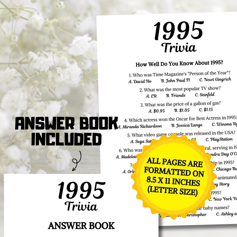 1995 Trivia Game - All pages are formatted on 8.5 x 11" inches (US Letter size) and answer book included.