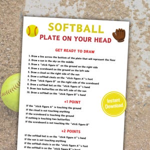 Softball Plate On Your Head Game | Hilarious Softball Drawing Game | Softball Activities Printable | Softball Draw Game | Instant Download