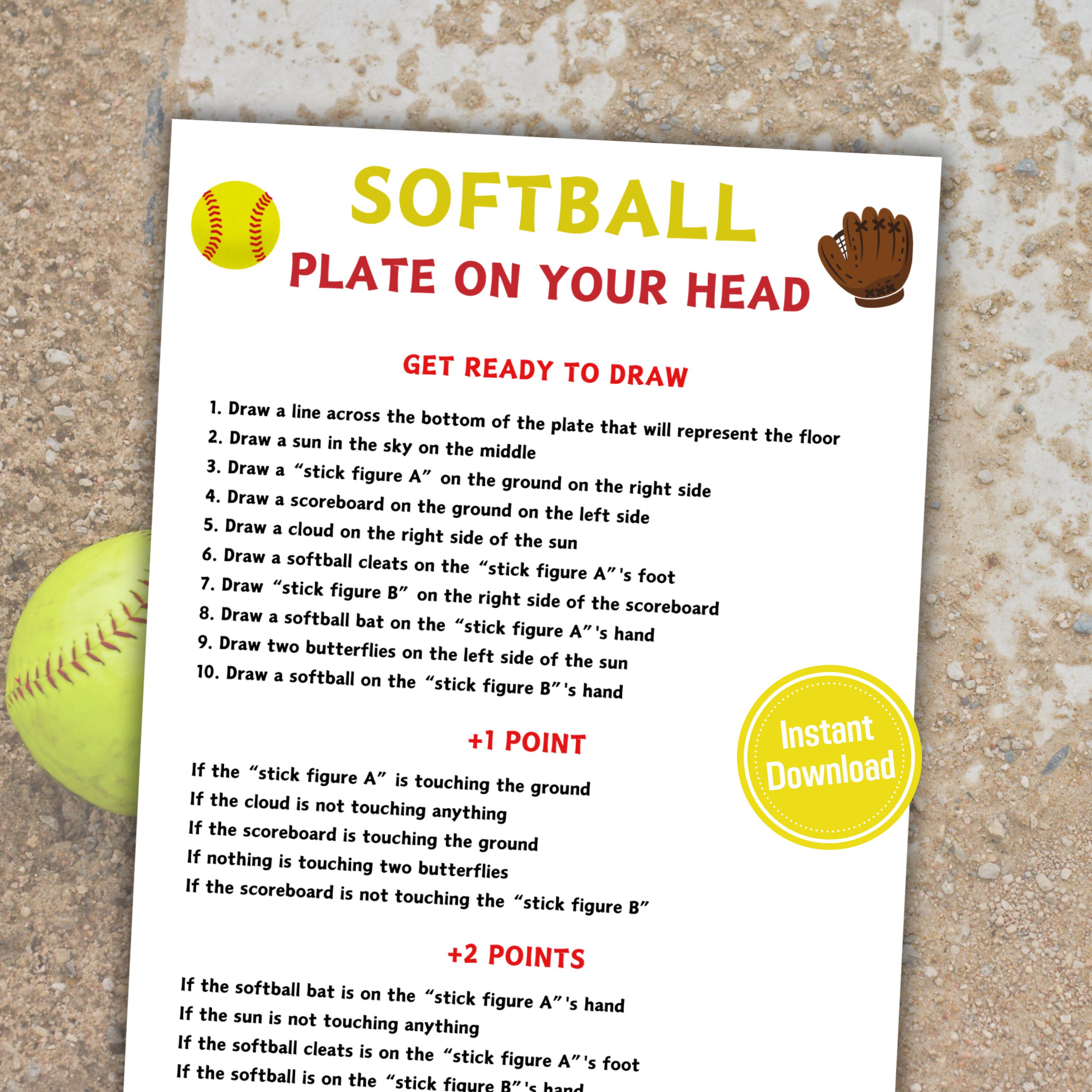 Softball Plate On Your Head Game | Hilarious Softball Drawing Game | Softball Activities Printable | Softball Draw Game | Instant Download
