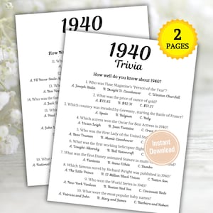 1940 Trivia Game | Printable 85th Birthday Party Game | Born in 1940 Quiz | Back to the 40s Party | 85th Birthday Ideas | Instant Download