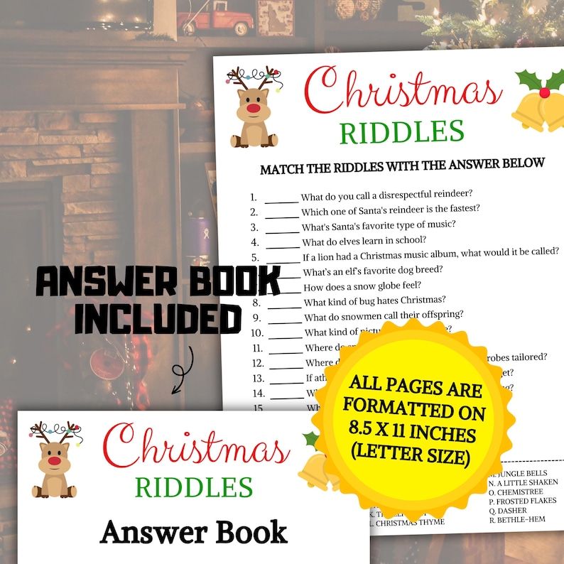 Christmas Riddles Game - All pages are formatted on 8.5 x 11" inches (US Letter size) and answer book included.