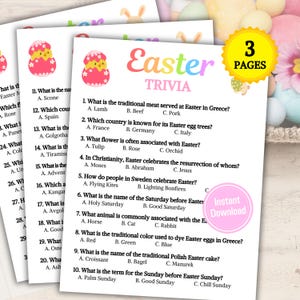 May include: A printable Easter trivia game with 10 questions. The questions are about Easter traditions, food, and history. The game is designed to be played with friends and family.