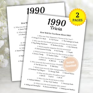 May include: A printable trivia game with the title "1990 Trivia" and the text "How Well Do You Know About 1990?" The game has 10 questions about events that happened in 1990.
