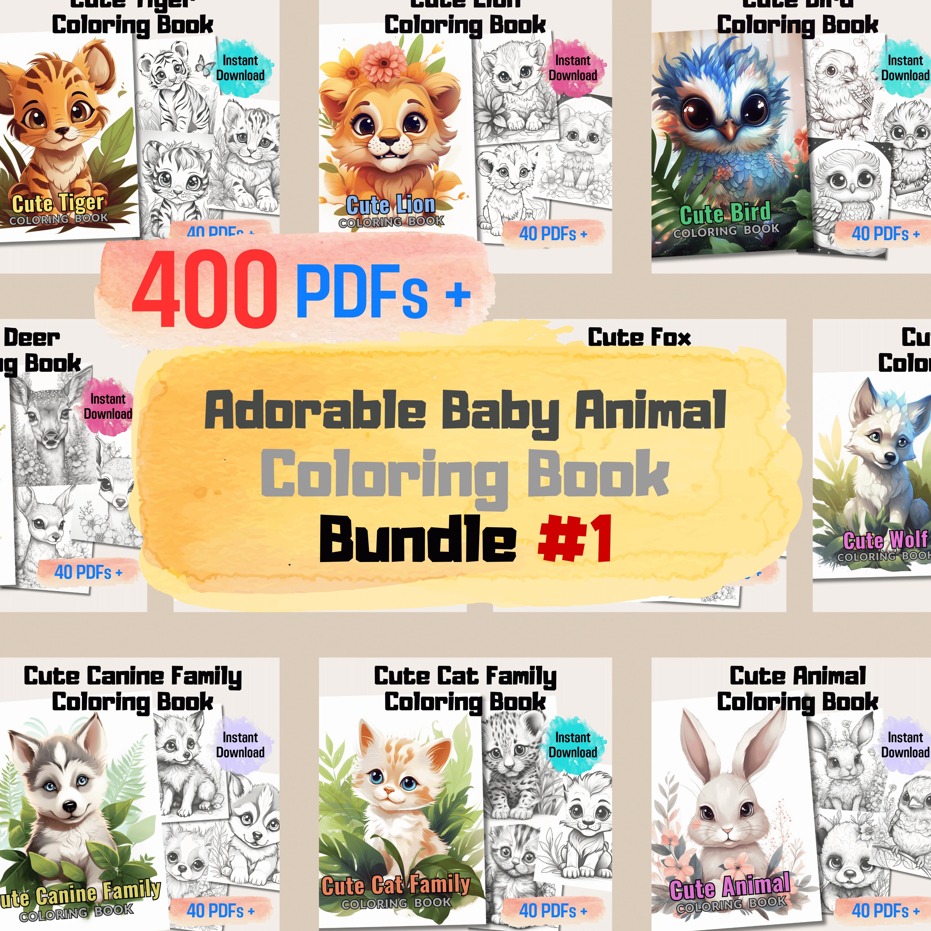 Adorable Baby Animal Coloring Book Bundle 400 Coloring Book Etsy