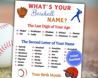 What&#39;s Your Baseball Name Game | Printable Baseball Name Creator | Baseball Sign & Name Tags | MLB Game for All Ages | World Series Activity