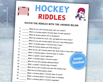 May include: A printable hockey-themed riddle game with a red and white hockey net graphic and a cartoon penguin. The title "HOCKEY RIDDLES" is in blue. The game includes 18 riddles with answer choices at the bottom. A blue circle with "Instant Download" is on the right.
