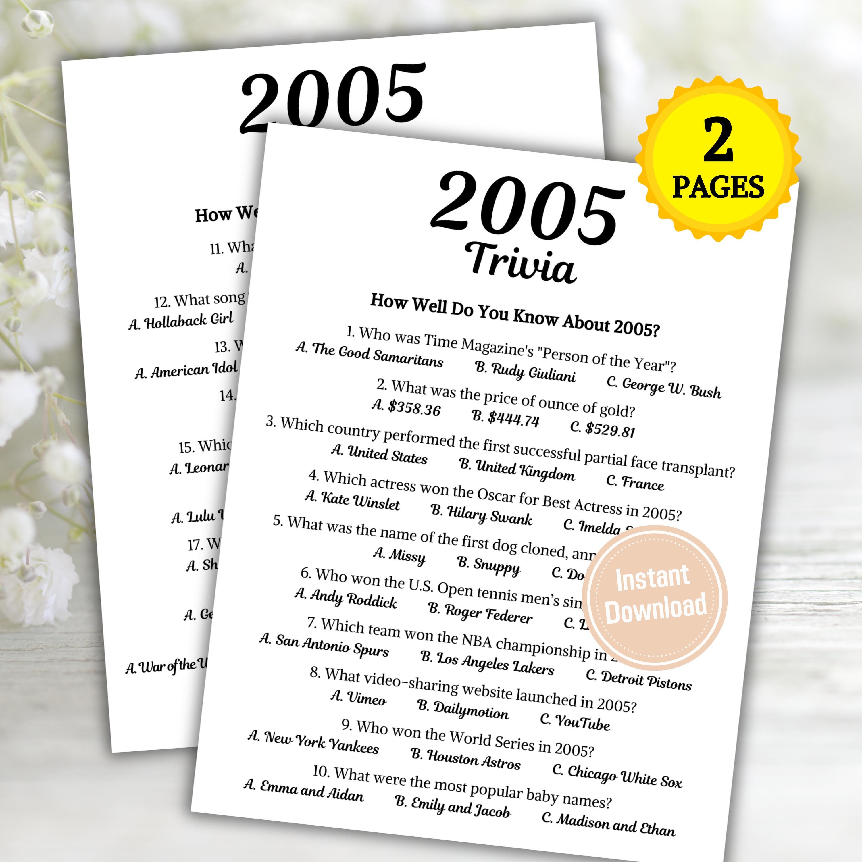 2005 Trivia Game | Printable 20th Birthday Party Game | Born in 2005 Quiz | Back to the 05s Party | 20th Birthday Ideas | Instant Download