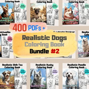 Könnte beinhalten: Eine Collage von Bildern mit realistischen Hunde-Malvorlagen. Der Text "400 PDFs + Realistische Hunde Malbuch Bundle #2" wird in der Mitte des Bildes angezeigt.