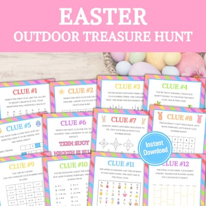 Puede incluir: Un conjunto de 12 tarjetas de búsqueda del tesoro de Pascua coloridas con diferentes rompecabezas y acertijos. Las tarjetas están decoradas con rayas pastel y gráficos de conejos de Pascua. El texto en las tarjetas incluye "Easter Outdoor Treasure Hunt", "Clue #1", "Clue #2", "Clue #3", "Clue #4", "Clue #5", "Clue #6", "Clue #7", "Clue #8", "Clue #9", "Clue #10", "Clue #11", "Clue #12" y "Descarga instantánea".