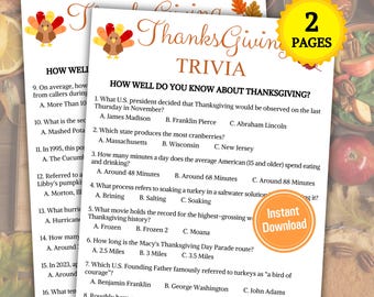 May include: A two-page Thanksgiving trivia game with a festive turkey design. The game features questions about Thanksgiving history, traditions, and fun facts.  The game is perfect for a Thanksgiving gathering or party.