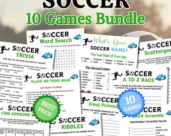 May include: A bundle of 10 soccer games, including trivia, word searches, and puzzles. The image features various game sheets with soccer-themed graphics and text, perfect for soccer fans of all ages. The title "SOCCER 10 Games Bundle" is prominently displayed.