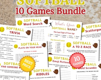 Softball Games Bundle | Printable Softball Team Party Game | Softball ABC Game | Trivia Game | Softball Matching | Bingo Game | Drawing Game
