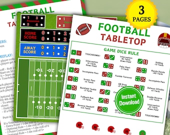Fotbollsspel med bord | Utskrivbart tärningsspel med amerikansk fotboll | Brädspel med fotbollslag | Fotbollsspel för alla åldrar | Födelsedagsspel