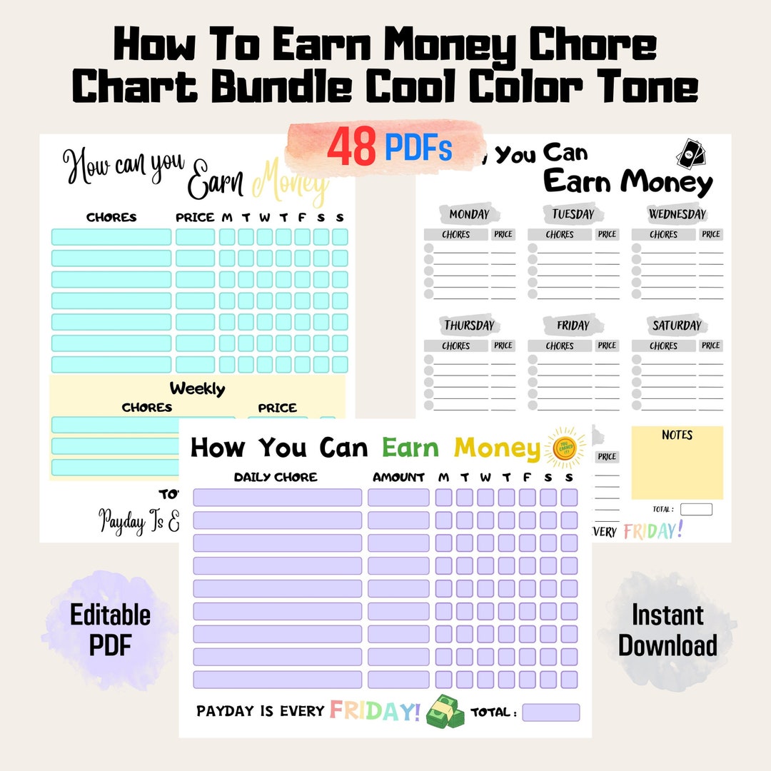 How to Earn Money Chore Chart Bundle Cool Color Tone, Editable ...