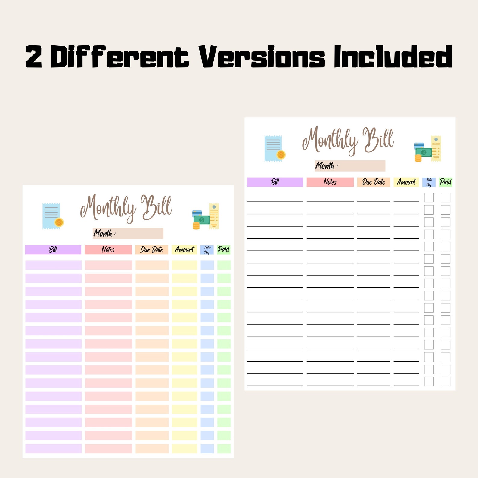 Monthly Bill Payment Tracker Rainbow Color, Expense Tracker, Editable ...