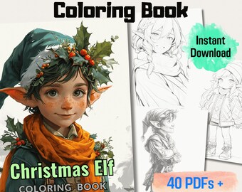 Christmas Elf Coloring Book, 20 Christmas Elf Grayscale Coloring Pages for All Ages, Festive Elf Artwork PDF, Stress Relief and Fun Activity