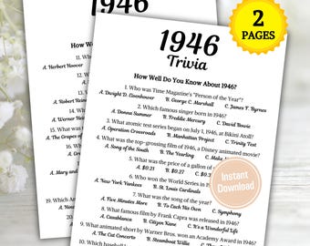 May include: Two-page trivia game about the year 1946. The title "1946 Trivia" is at the top of the page. The trivia questions are in a black font. The words "Instant Download" are in a circle.