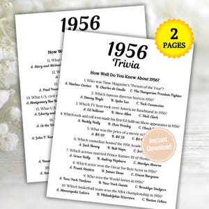Puede incluir: Dos hojas de juego de trivia de papel blanco con el título "1956 Trivia" y preguntas sobre el año 1956. Las hojas tienen una pegatina amarilla "2 PAGES" y una pegatina "Instant Download".