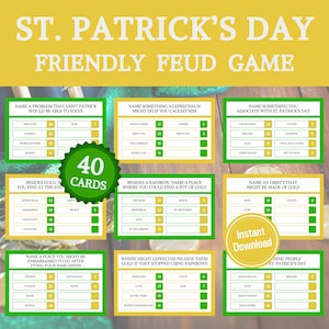 Könnte beinhalten: Ein druckbares St. Patrick's Day-Spiel mit 40 Karten. Die Karten haben ein grünes und goldenes Farbschema und beinhalten Fragen rund um den St. Patrick's Day. Das Spiel heißt "Friendly Feud".