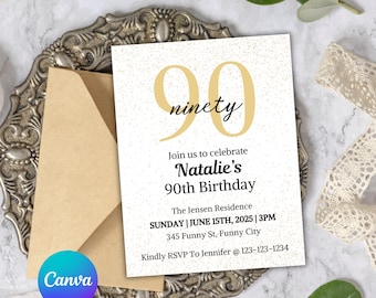 May include: A 90th birthday invitation with gold text on a white background. The invitation includes the text "ninety", "Join us to celebrate Natalie's 90th Birthday", and RSVP information. The invitation is accompanied by a tan envelope.