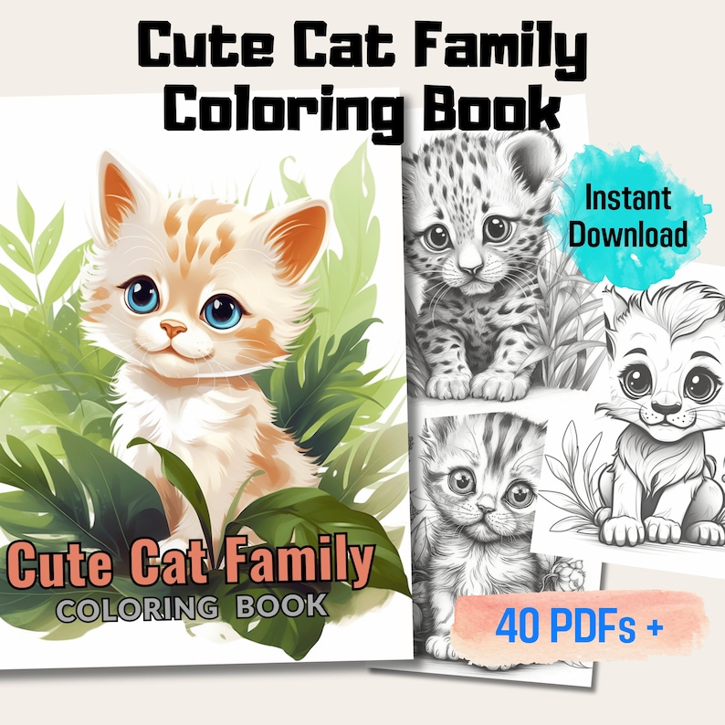 20 Designs Adorable Baby Cat Family Coloring Page Book, Printable Adult