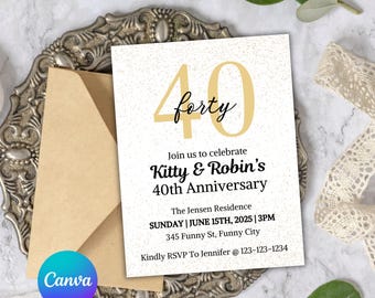 May include: An anniversary invitation with the number "40" and the word "forty" in gold. The invitation reads "Kitty & Robin's 40th Anniversary" with event details. A brown envelope is next to the invitation on a decorative plate.