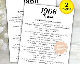 1966 Trivia-spel | Utskrivbart 60-årsfestspel | Född 1966-quiz | Tillbaka till 60-talsfest | 60-årsdagsidéer | Direktnedladdning