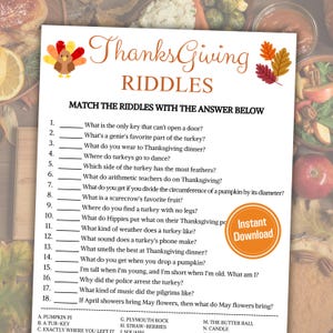 May include: A Thanksgiving-themed printable riddle game with a turkey illustration and fall leaves. The game includes 18 riddles with answer choices listed below. The text "Instant Download" is in a red circle.