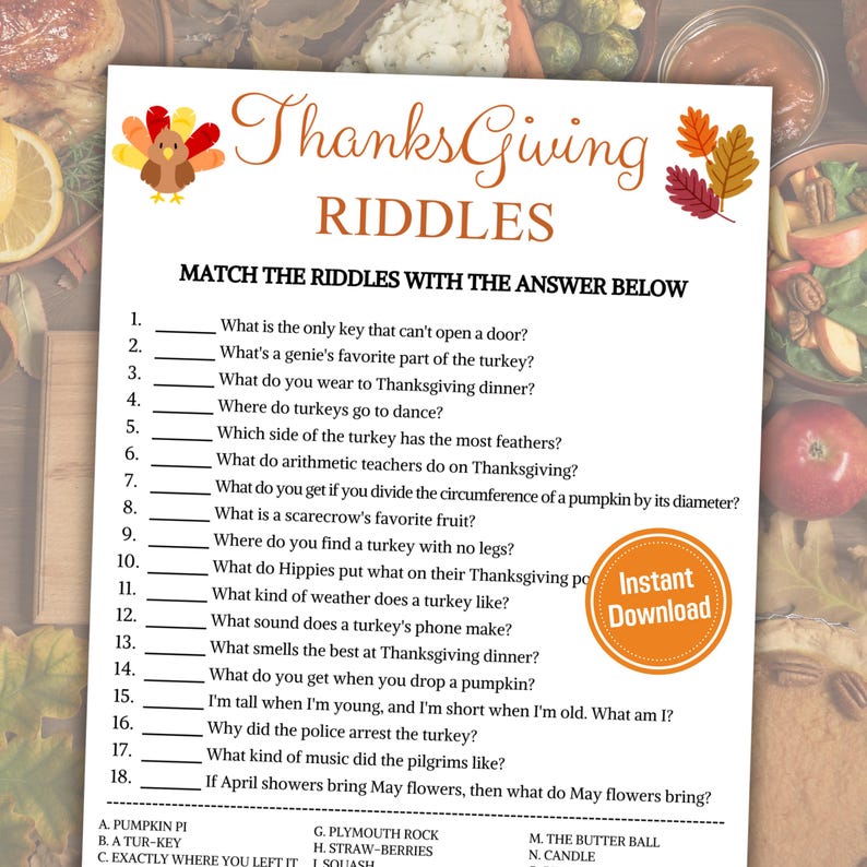 Matches Riddles On Paper Thanksgiving Riddles Game | Printable Friendsgiving Riddle Me This ...