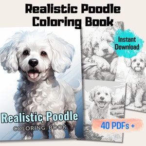 Puede incluir: Un libro para colorear con 40 ilustraciones realistas de caniches. La portada muestra un caniche blanco con un pelaje esponjoso y una expresión feliz. El texto "Realistic Poodle Coloring Book" se muestra en la portada. El libro está disponible para descarga instantánea.
