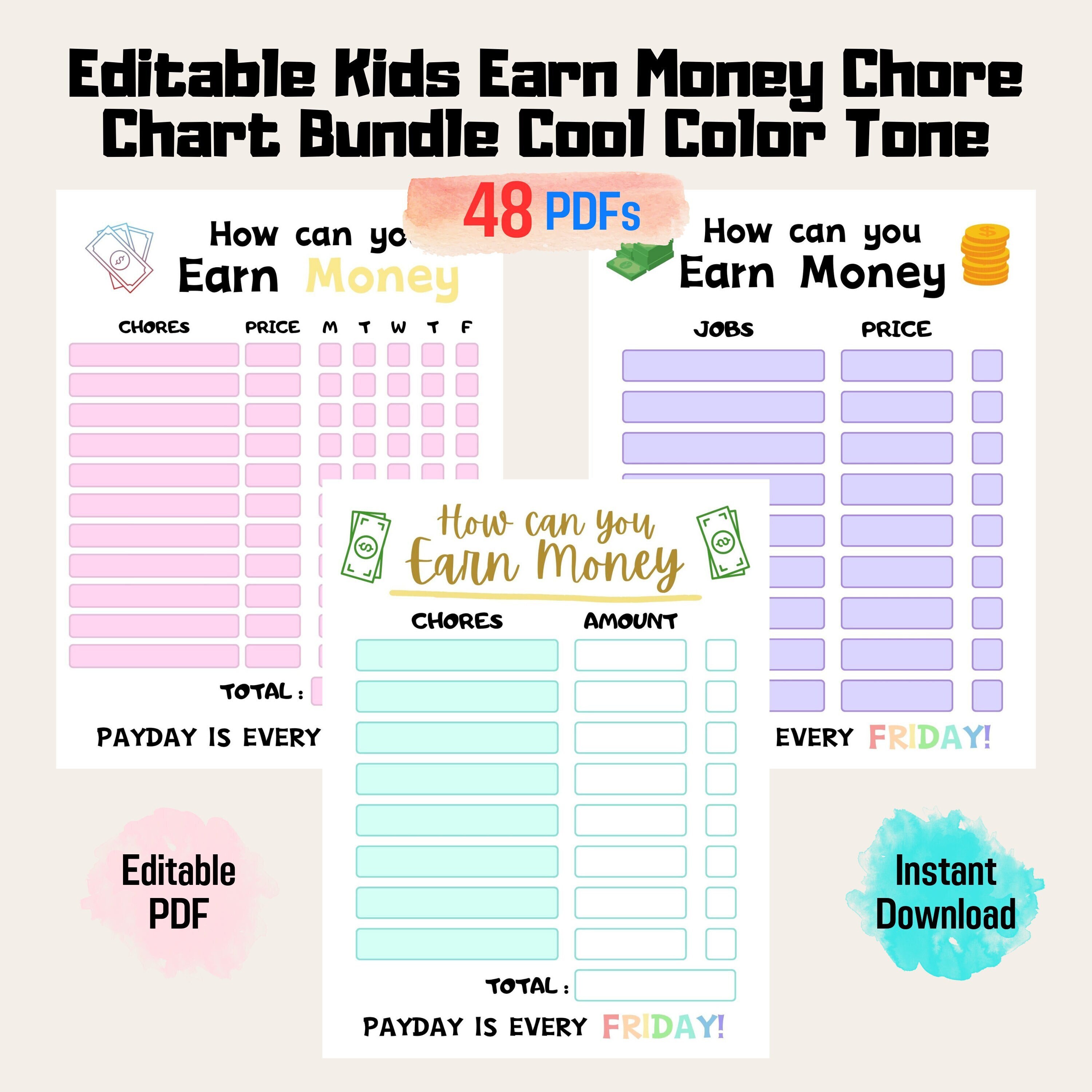Editable Kids Earn Money Chore Chart Bundle Cool Color Tone, Printable ...
