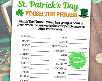 St. Patrick's Day Finish The Phrase Game | Printable St. Patty's Day Think Fast Game | St. Paddy's Party Word Game | St. Patricks Day Trivia