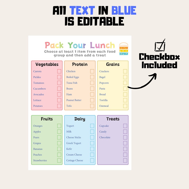 Pack Your Lunch Checklist Rainbow Color Kids Healthy Lunchbox Template ...