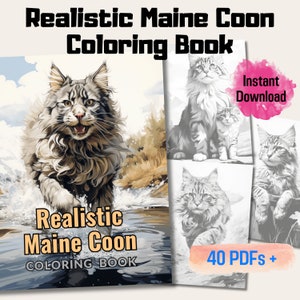 Realistic Maine Coon Coloring Book, 20 Maine Coon Grayscale Coloring Pages, Exquisite Designs for Cat Lovers, Relaxing and Fun, Printable