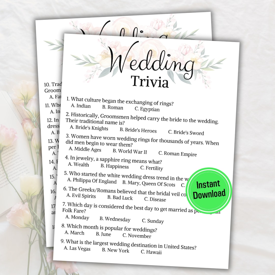 Wedding Trivia Game Printable Bridal Shower Trivia Quiz Bridal Shower