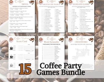 May include: A printable set of 15 coffee-themed party games. The games include trivia, word scrambles, a crossword puzzle, and a coffee tasting scorecard. The games are designed to be played at a coffee party or gathering.