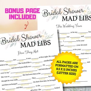 Bridal Shower Mad Libs Game - All pages are formatted on 8.5 x 11" inches (US Letter size) and bonus page included.