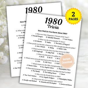 May include: A printable 1980 trivia game with two pages. The game features questions about events, people, and popular culture from the year 1980.  The questions are multiple choice with three options each.