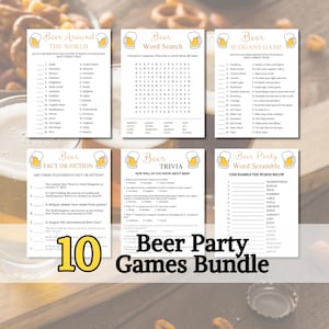 May include: A printable set of 10 beer-themed party games. The games include a word search, trivia, fact or fiction, a slogan game, and a word scramble. The games are designed to be played at a party or gathering.