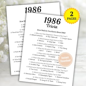 May include: Two white pages with black text, titled "1986 Trivia". The trivia questions cover topics like the "Person of the Year", movie ticket prices, and the Stanley Cup winner. A yellow sticker reads "2 PAGES". A circular sticker says "Instant Download".